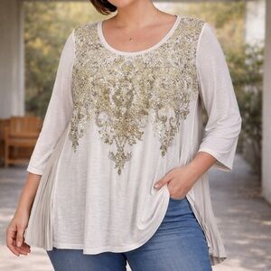 Tribal Embellished Boho Tunic Top Cream Green 3/4 Sleeve - Size L